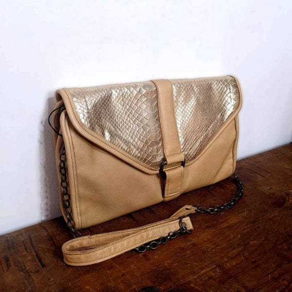Seconds: Heather Clutch Crossbody - Golden Tan Snakeskin