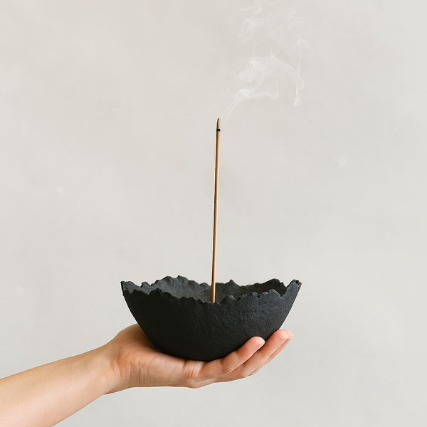 Handmade Textured Ceramic Incense Holder Vessel - Matte Black