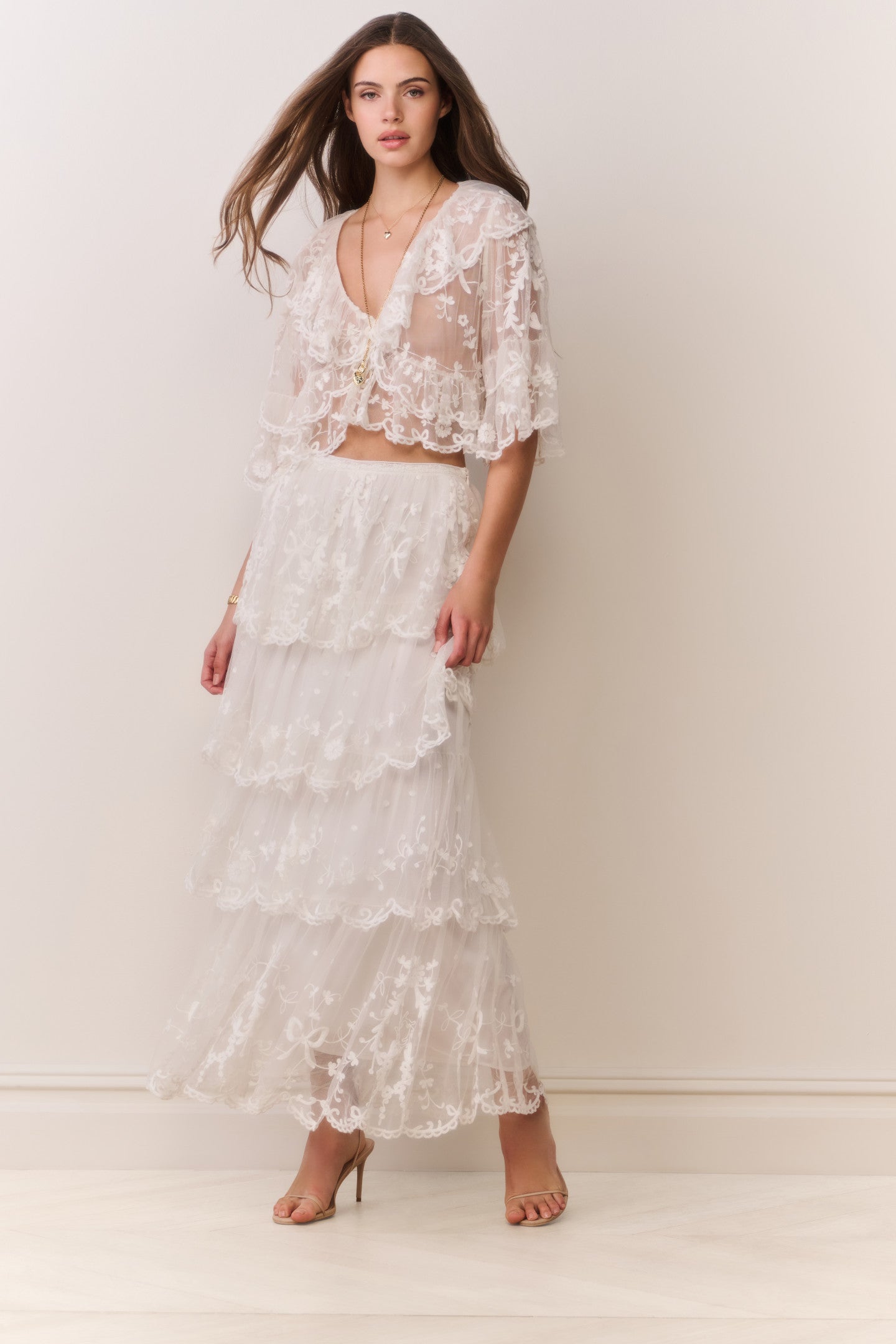 Celesa Embroidered Mesh Tiered Maxi Skirt