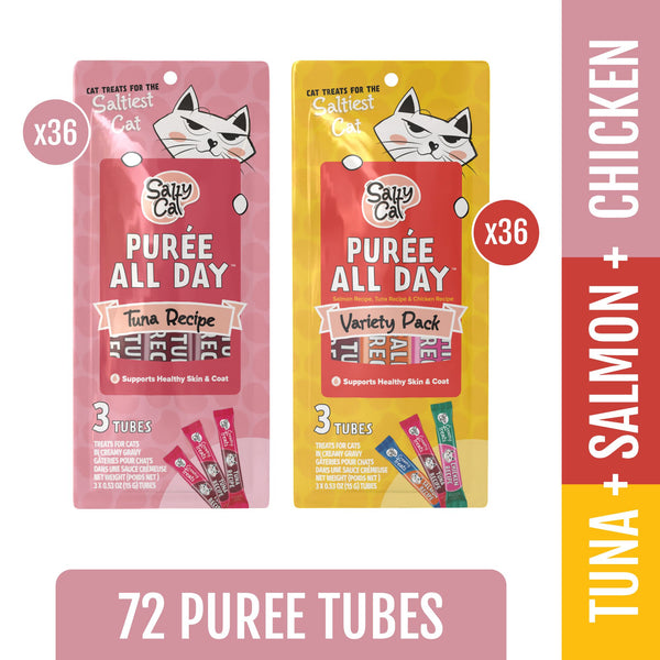 Salty Cat Purée All Day Natural Creamy Tuna, Salmon & Chicken Tube Treats for Cats, 72 Tubes