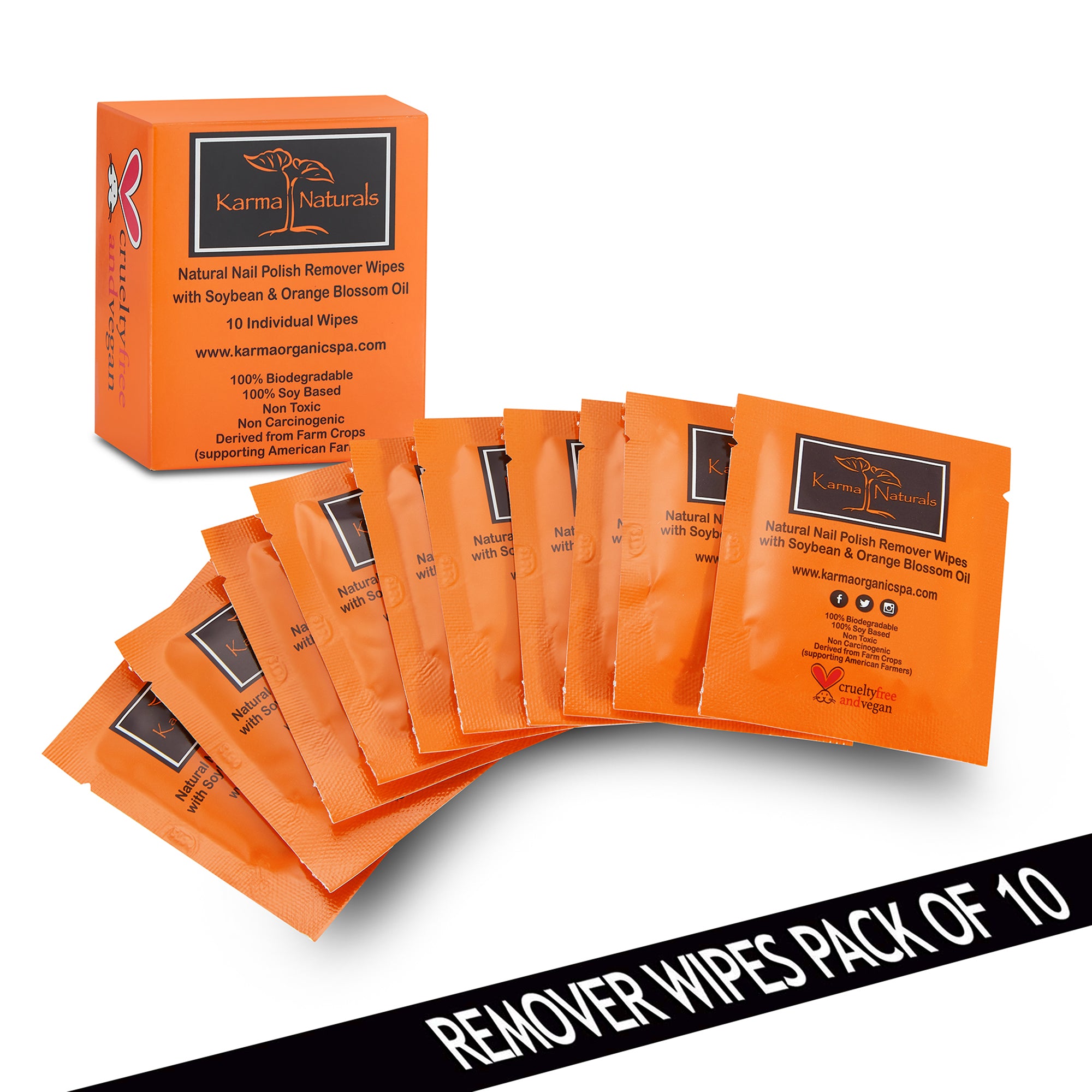 Karma Naturals Nail Polish Remover Wipes with Orange Blossom Oil - 1 Pack of 10 Individually Wrapped Wipes