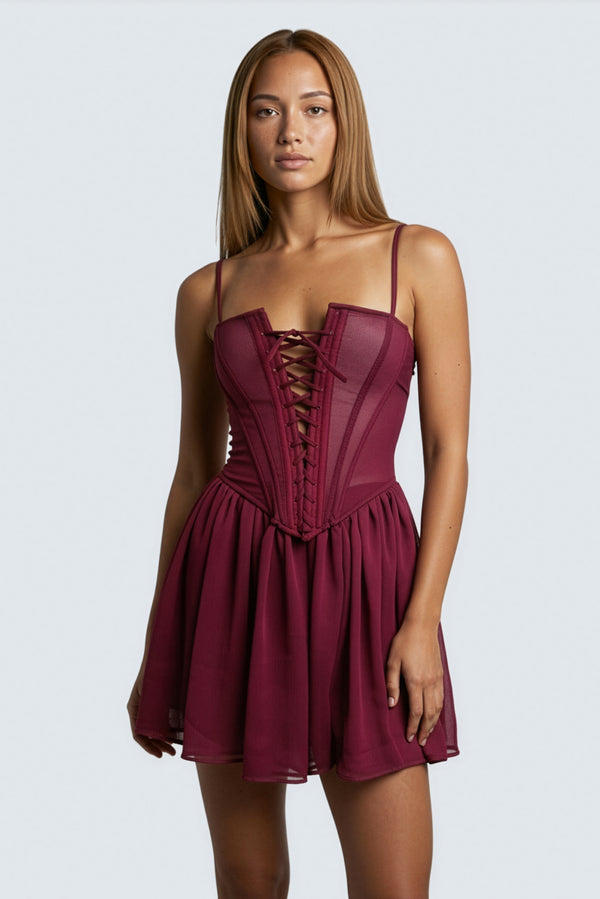 RED LACE UP MINI DRESS