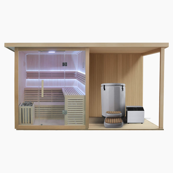 4 Person Extended Sauna & Inflatable Barrel Plunge