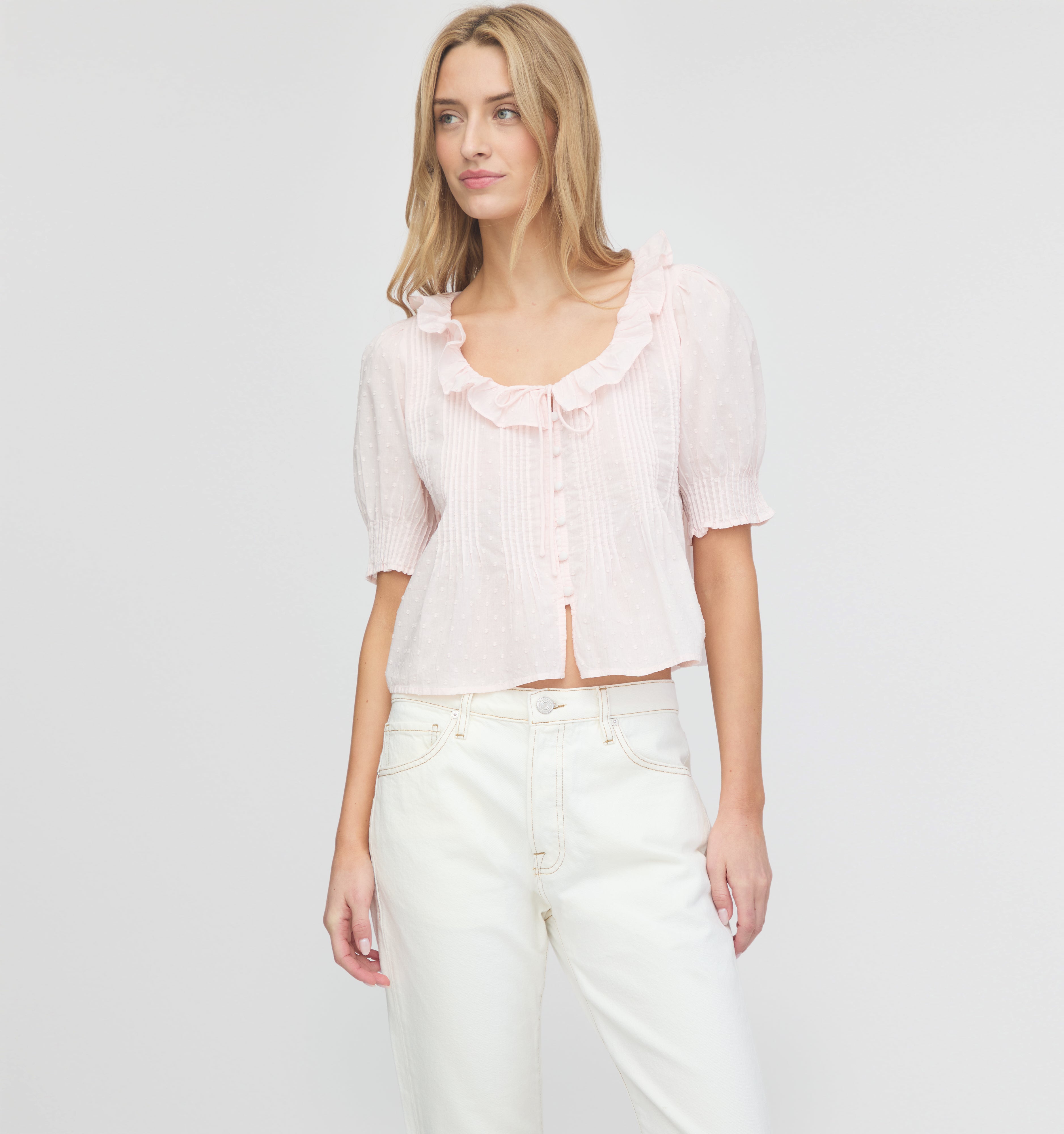The Camri Top - Powder Pink Swiss Dot