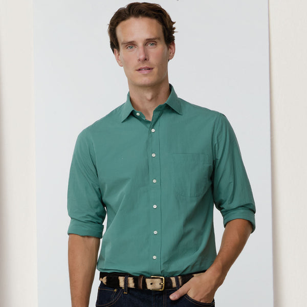 Spread Collar Sport Shirt in Green Shadow Stripe Poplin