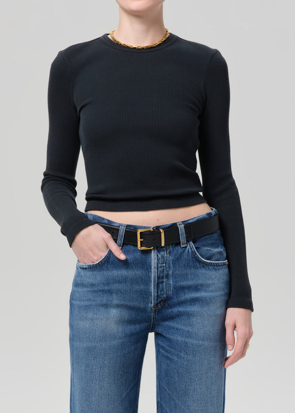 Pilar Waffle Crewneck in Washed Black