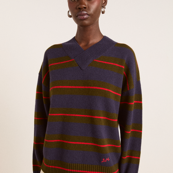 odette v-neck merino wool jumper-olive/navy stripe