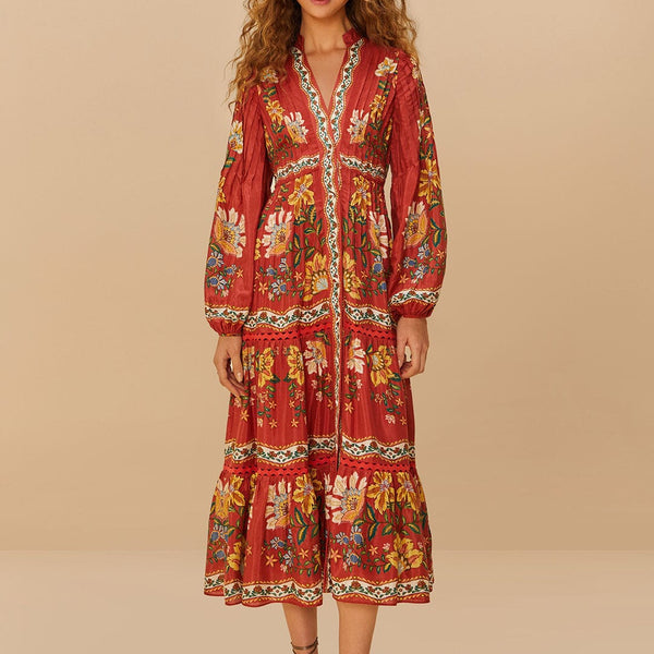 Red Garden Delight Long Sleeve Midi Dress