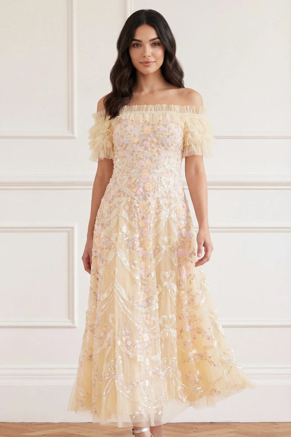 Ribbon Heart Off-Shoulder Ankle Gown