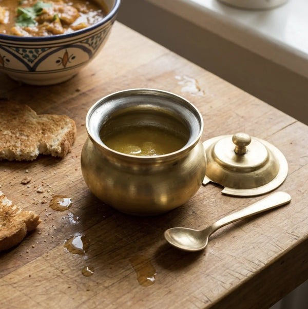 Traditional Brass Ghee Pot – Clarified Butter Storage with Spoon