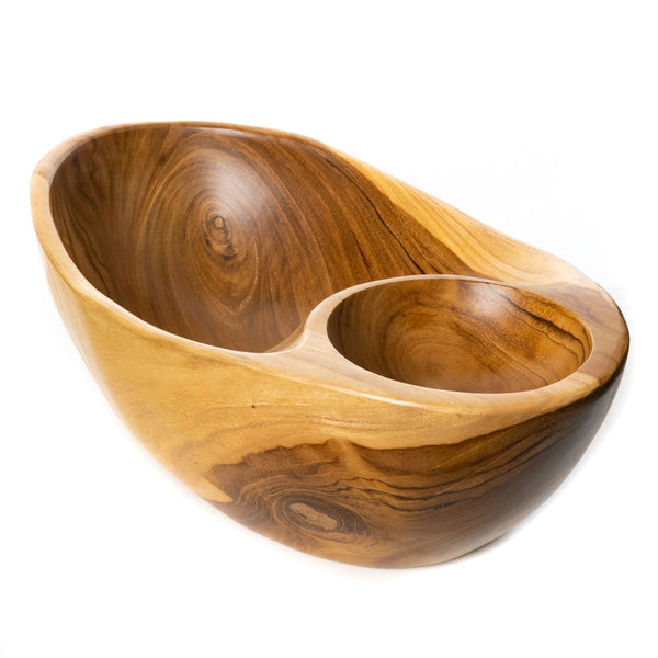 Jumbo Teak Wood Serving Bowl with Built-In Dip Divider
