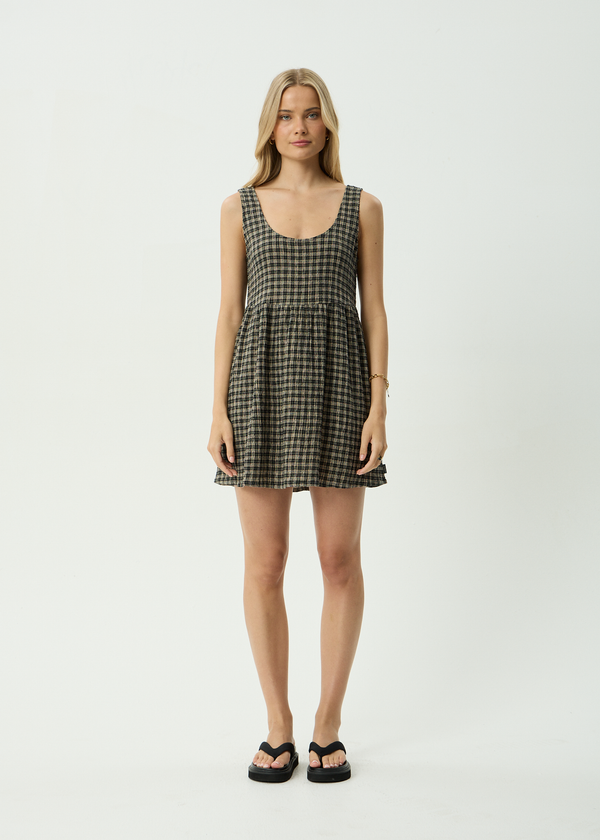 AFENDS Womens Jesse - Seersucker Mini Dress - Tan / Olive Check