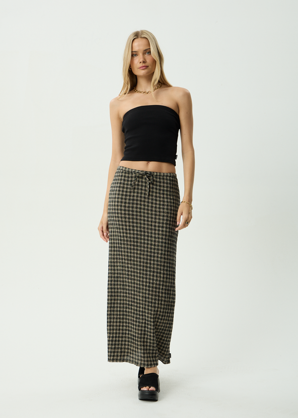 AFENDS Womens Frida - Seersucker Maxi Skirt - Tan / Olive Check