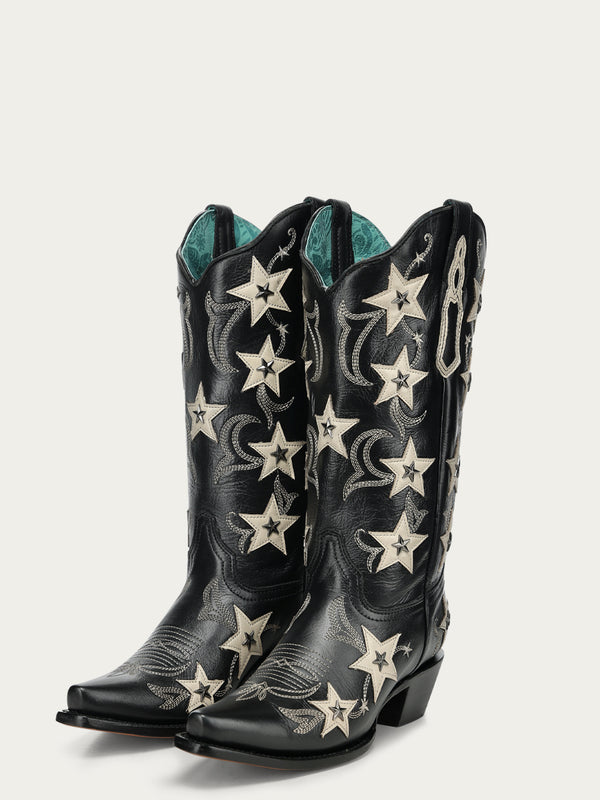 Z5532 - WOMEN'S BLACK EMBROIDERY STARS OVERLAY AND STUDS SNIP TOE COWBOY BOOT