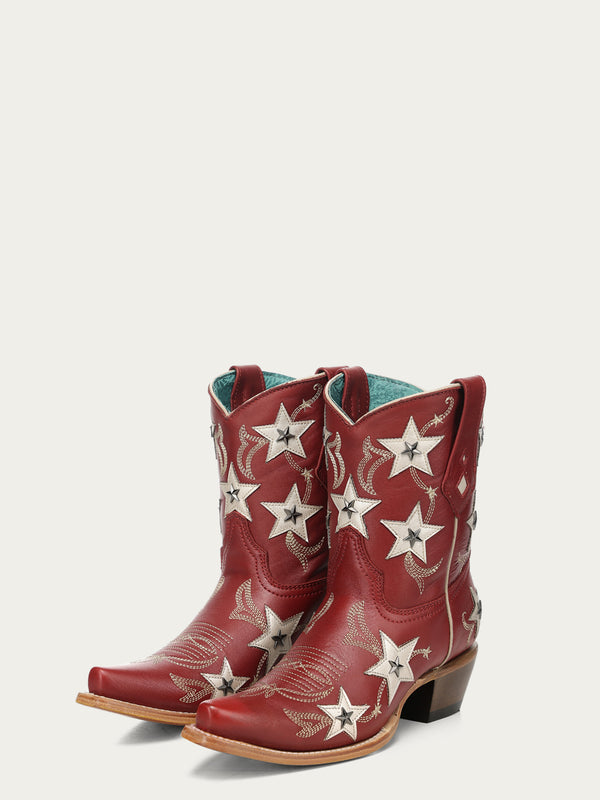 Z5543 - WOMEN'S RED EMBROIDERY STARS OVERLAY AND STUDS SNIP TOE ANKLE COWBOY BOOT