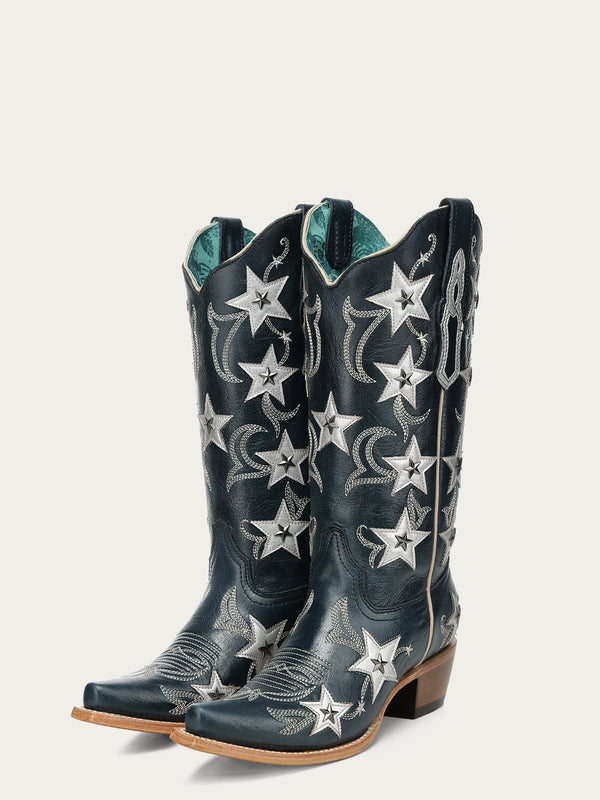 Z5541 - WOMEN'S NAVY BLUE EMBROIDERY STARS OVERLAY AND STUDS SNIP TOE COWBOY BOOT