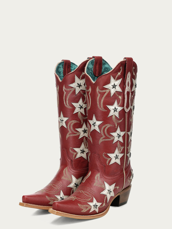 Z5540 - WOMEN'S RED EMBROIDERY STARS OVERLAY AND STUDS SNIP TOE COWBOY BOOT