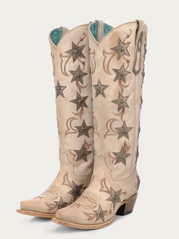 Z5552 - WOMEN'S BONE EMBROIDERY STARS OVERLAY AND STUDS TALL TOP SNIP TOE COWBOY BOOT