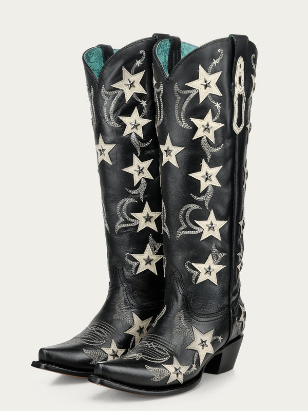 Z5548 - WOMEN'S BLACK EMBROIDERY STARS OVERLAY AND STUDS TALL TOP SNIP TOE COWBOY BOOT