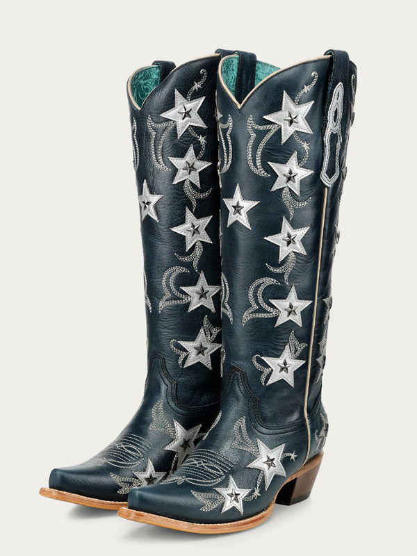 Z5550 - WOMEN'S NAVY BLUE EMBROIDERY STARS OVERLAY AND STUDS TALL TOP SNIP TOE COWBOY BOOT
