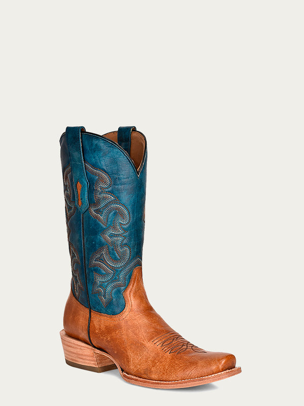 A4378 - MEN'S NAVY BLUE AND SAND EMBROIDERY NARROW SQUARE TOE COWBOY BOOT