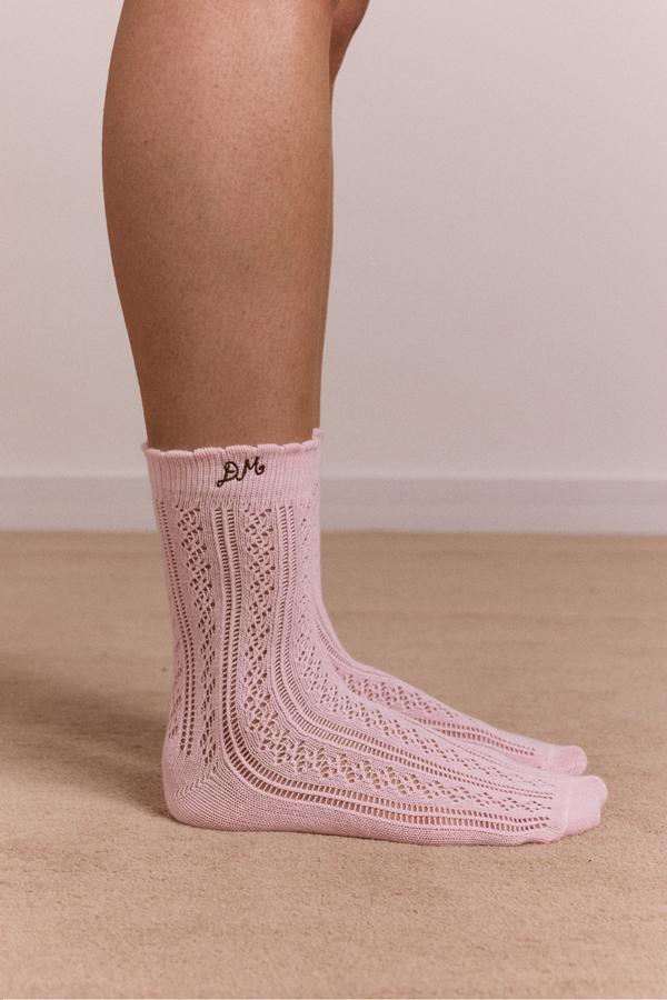 calf length 2 pack pointelle socks - choc & pink