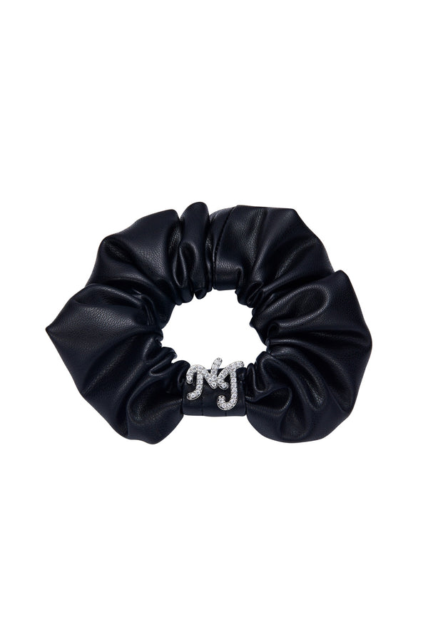 Aimee Leather Crystal Detail Black Scrunchie