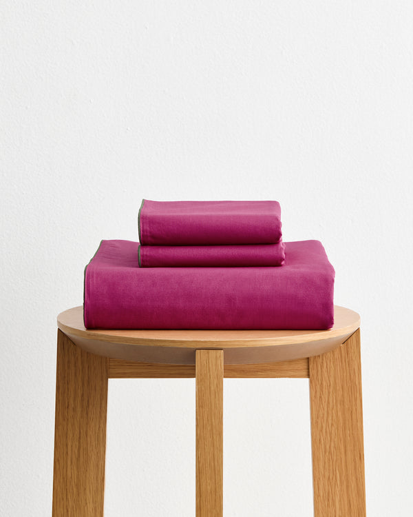 Berry, Bubblegum & Moss Piped 100% Organic Cotton Percale Duvet Cover Set