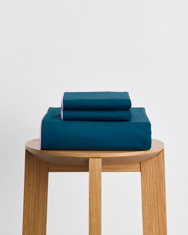 Aegean, Sky & Bubblegum Piped 100% Organic Cotton Percale Duvet Cover Set