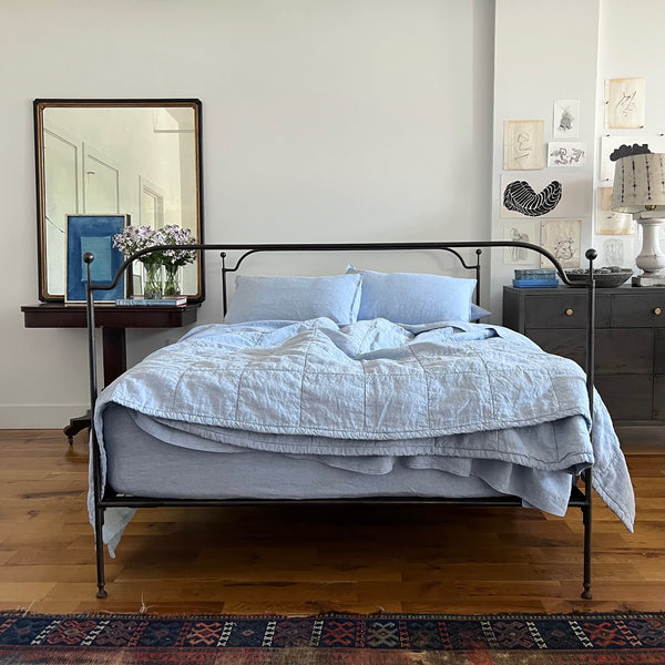 Sale Pale Blue Quilted Linen Coverlet