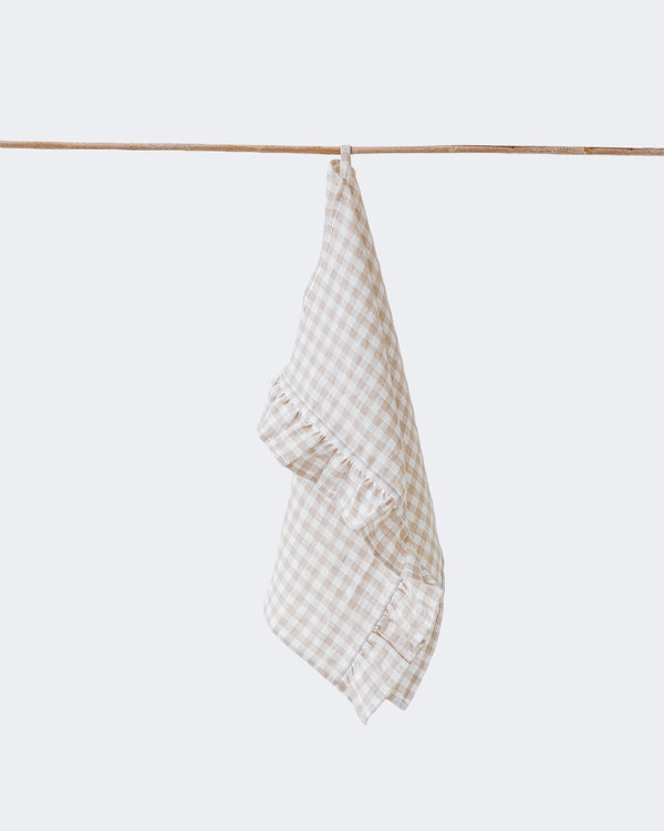 Ruffle trim linen tea towel in Natural gingham