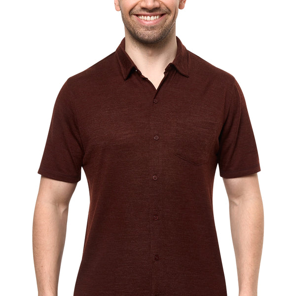 Men's Merino Button-Up Short Sleeve Shirt Bordo