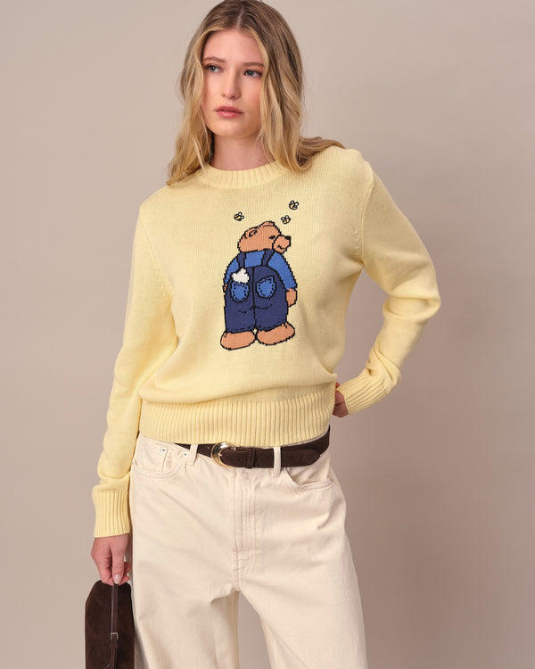 Women's Cotton Ramie Bear & Bees Sweater Yellow
