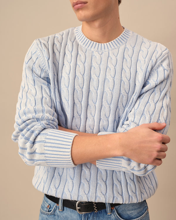 Acid Washed Cotton Cable Knit Sweater Light Blue
