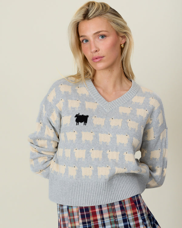 Warm & Wonderful Cotton Linen V-Neck Sheep Sweater Heather Gray