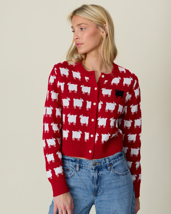 Warm & Wonderful Cotton Linen Cropped Sheep Cardigan Red