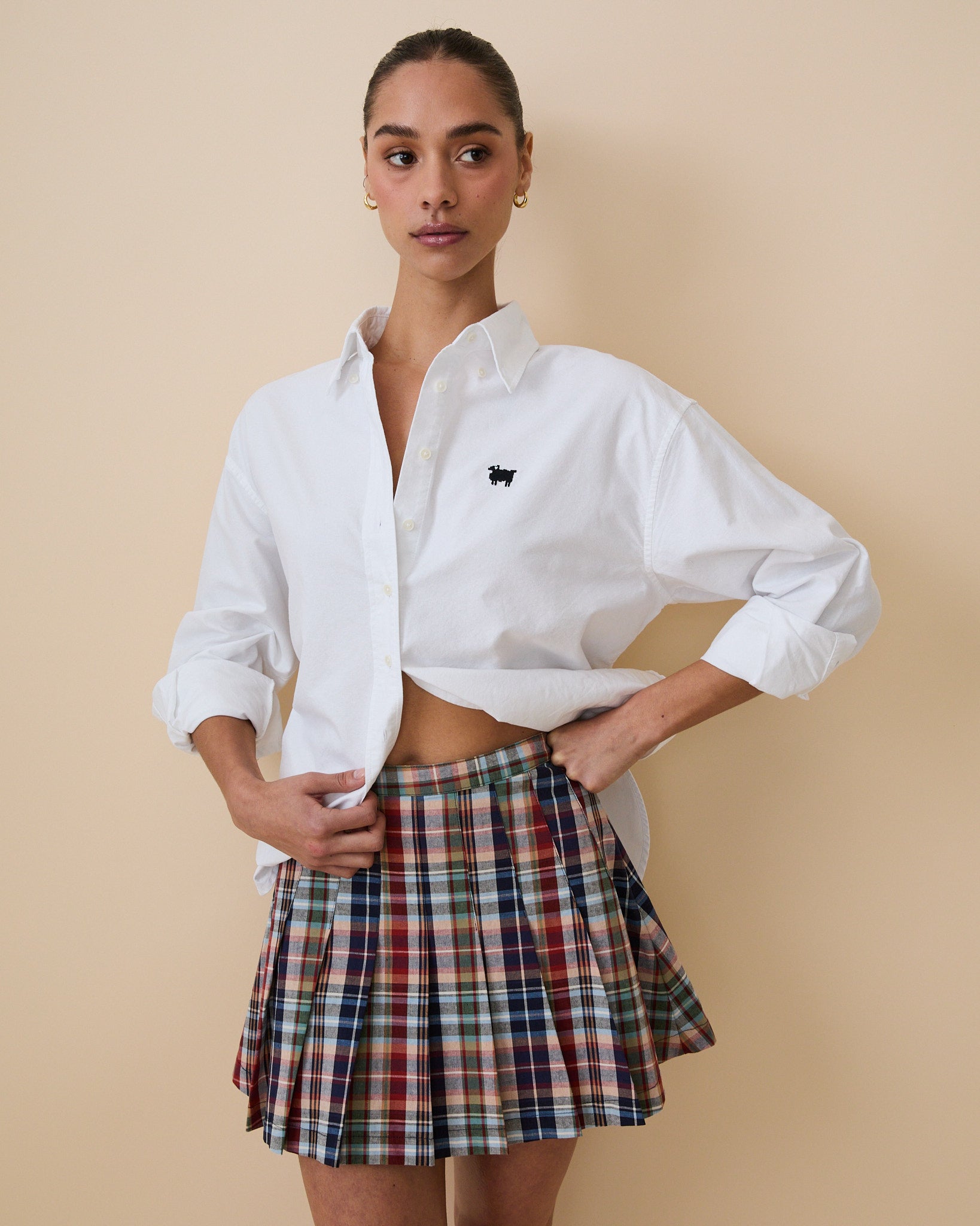 Women's Sheep Oversized Solid Oxford Shirt White