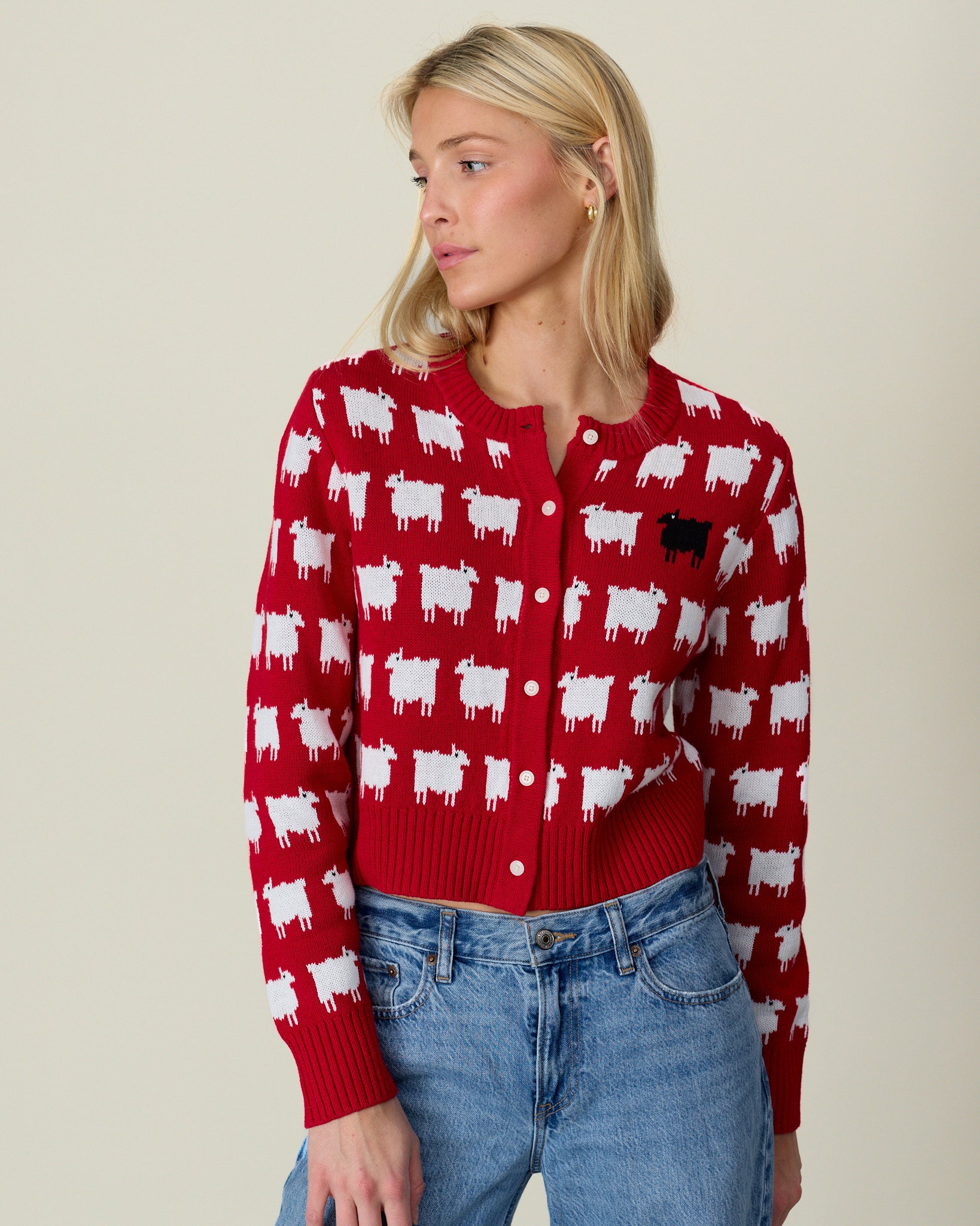Women's Cotton Linen Cropped Sheep Cardigan Red