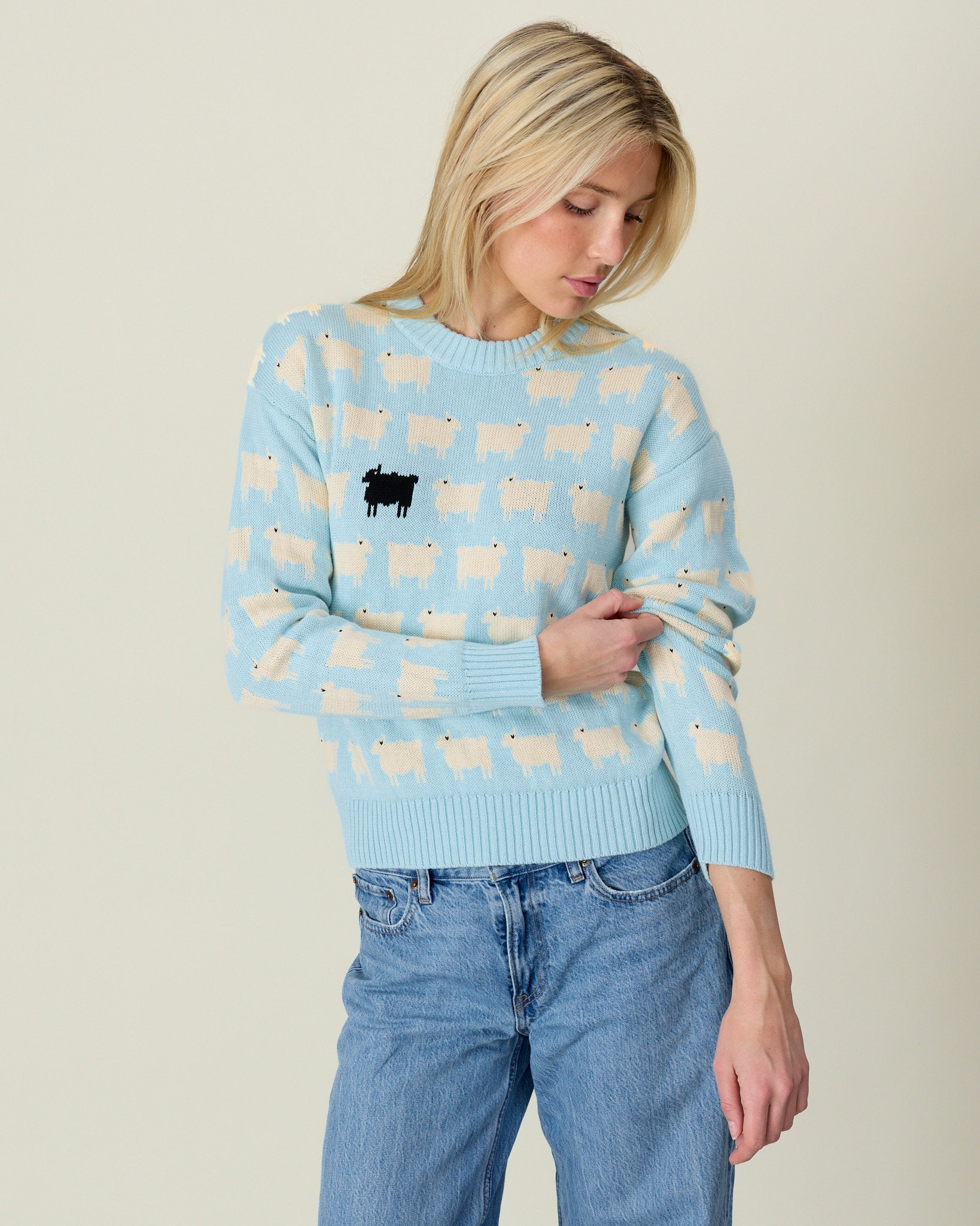 Women's Cotton Linen Crew Neck Sheep Sweater Blue