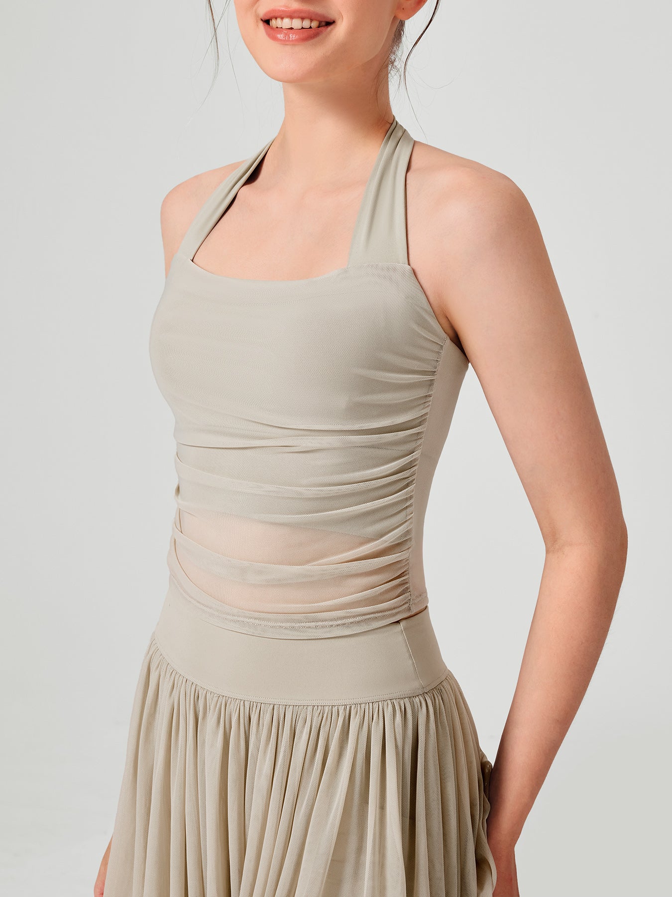 Apricot Halter Neck Ruched Mesh Crop Top