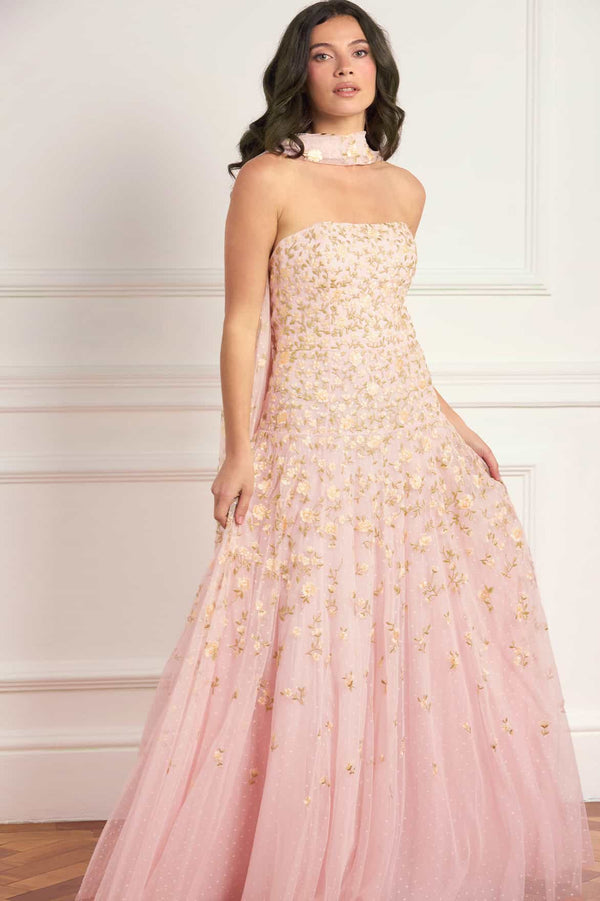 Lea Ditsy Strapless Cape Gown