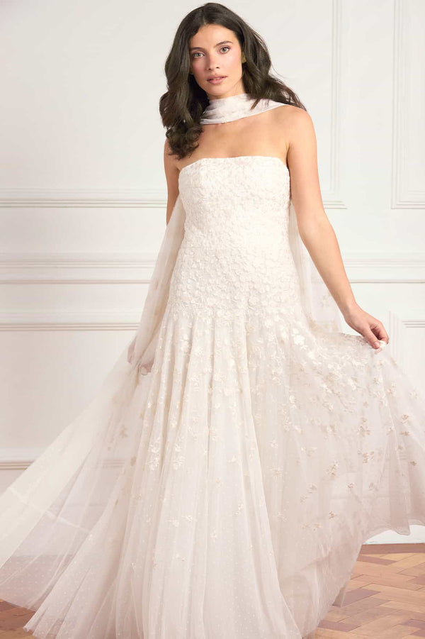 Lea Ditsy Strapless Cape Gown