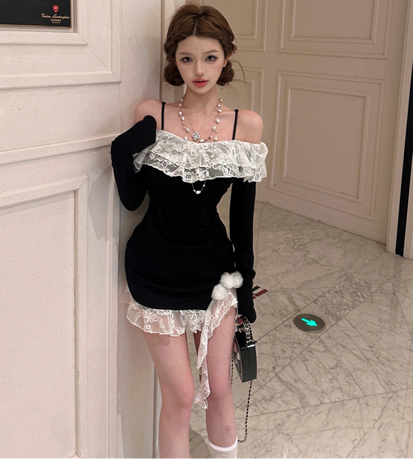 Shadow Rose-Ribbon Dark Coquette Mini Dress