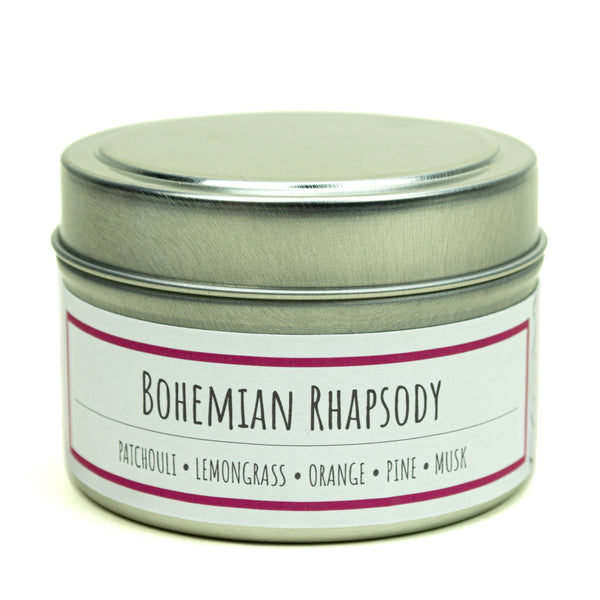 Bohemian Rhapsody scented 3 oz. soy candle in travel tin - FKA Karma