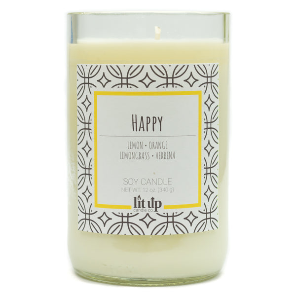 Happy scented 12 oz. soy candle in upcycled wine bottle - FKA Lemon Verbena