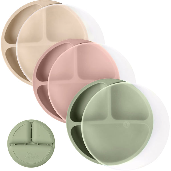 Silicone Divided Plates with Lids (Non-Suction) – Set of 3