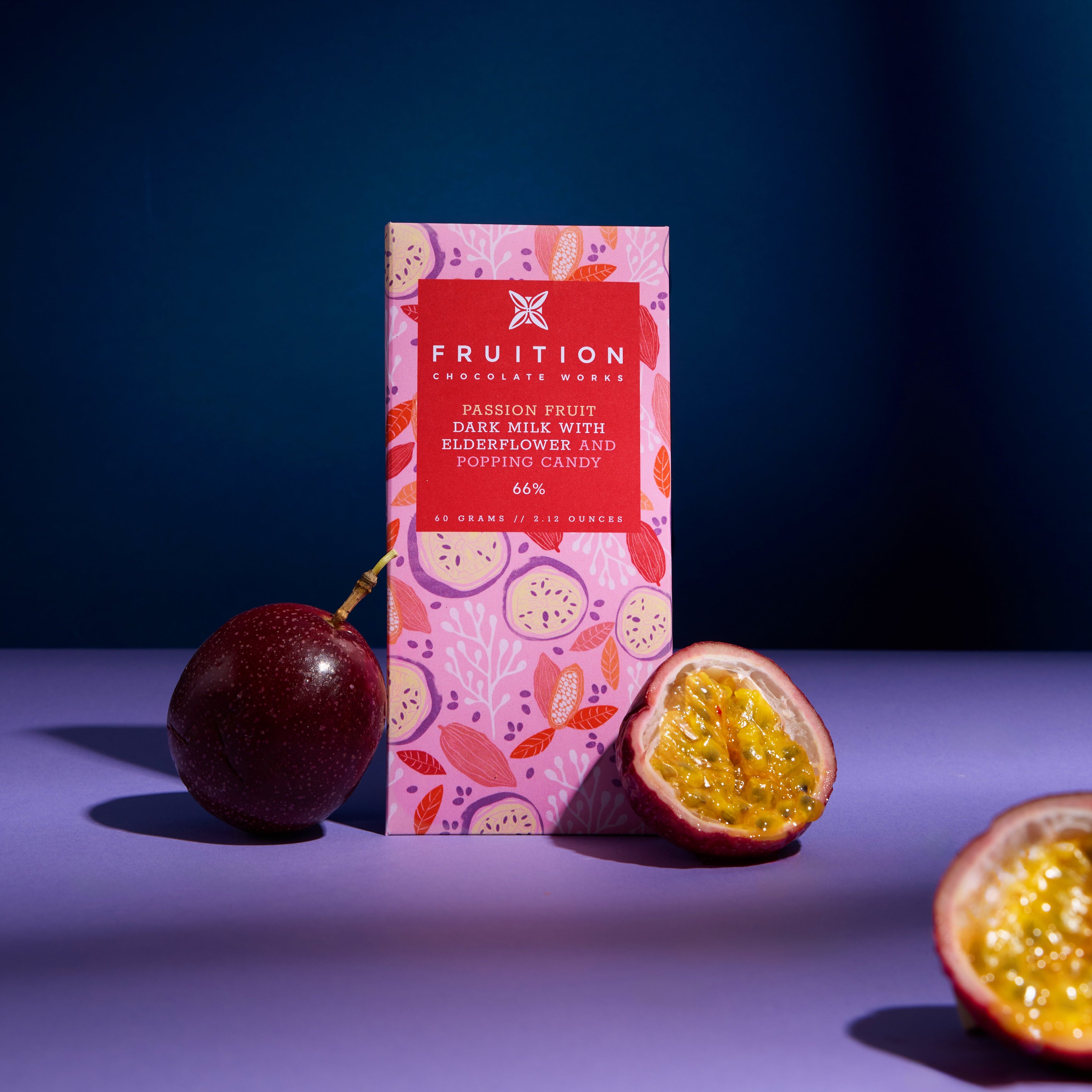 Passion Fruit Dark Milk with Elderflower and Popping Candy 66%