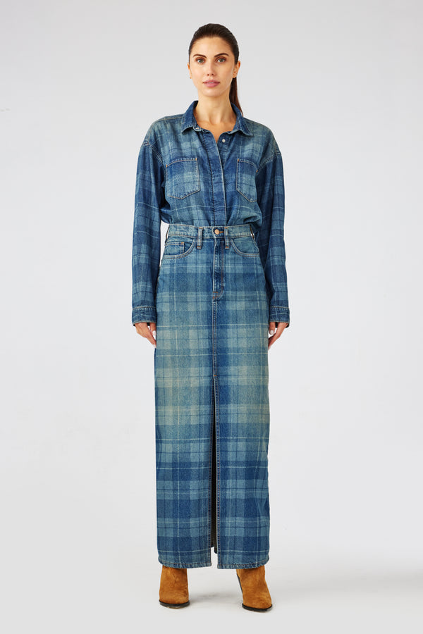 Charlotte Oversized Denim Shirt - Tartan Medium Indigo