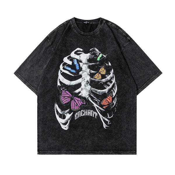 Butterfly Skeleton Print Vintage Washed Y2k Oversized T Shirt