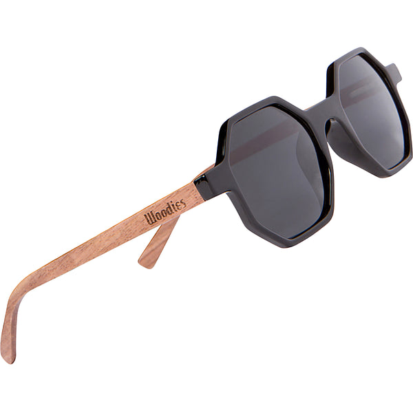 Walnut Wood Hexagon Sunglasses with Black Polarized Lenses for Men or Women